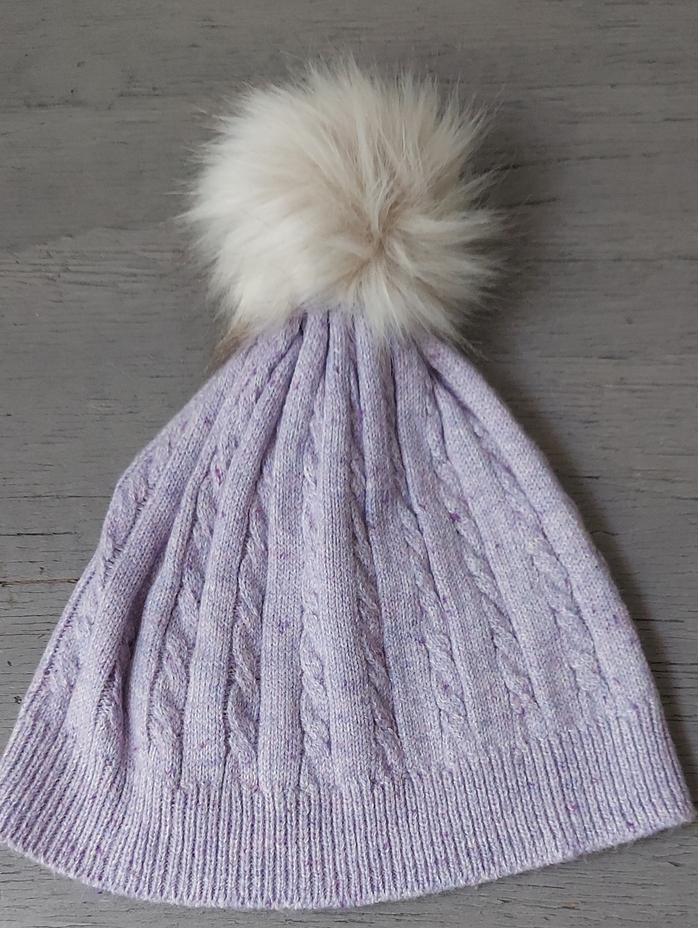 Talbots Lavender Cable Knit Pom Pom Beanie Hat Faux Fur Like New